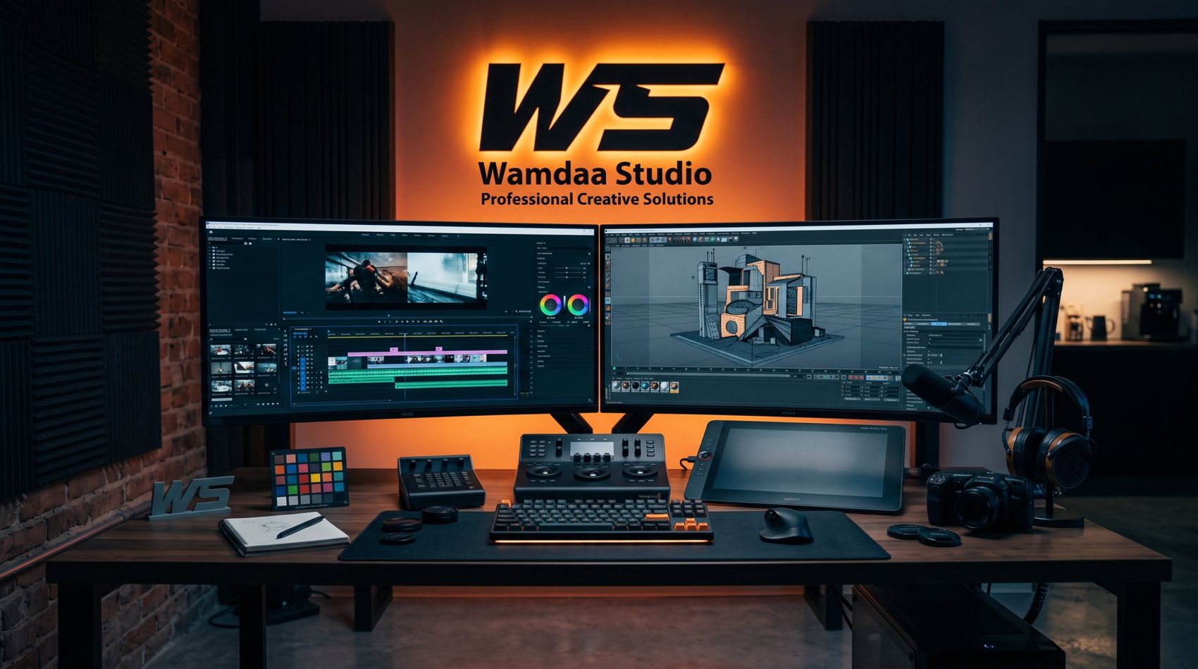 Wamdaa Studio edit suite with two monitors, color panel and a glowing WS logo